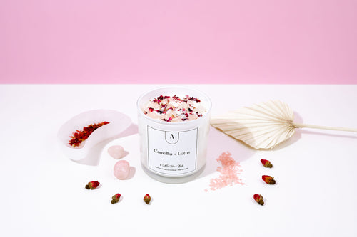 Camellia + Lotus | Bergamot, Lemon, Pink Camellia, Amber and White Musk Candle with Rose Quartz Crystals